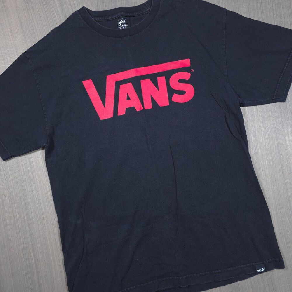 Official Vans Black Graphic T-Shirt Red Logo Cotton Men's Size Large